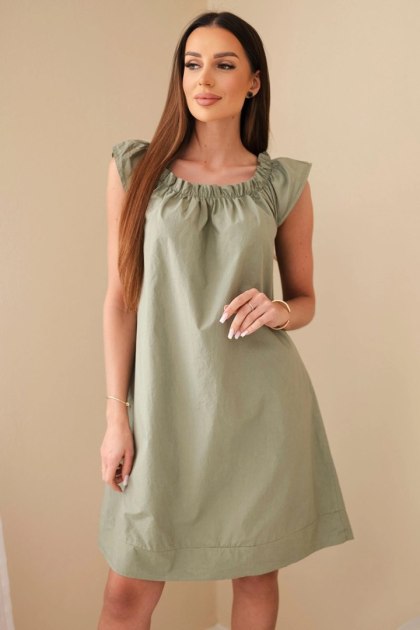 Sukienka damska bawełniana z marszczonym dekoltem i falbanką khaki