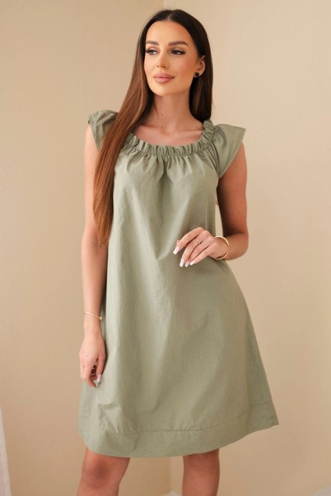 Sukienka damska bawełniana z marszczonym dekoltem i falbanką khaki