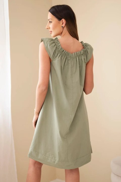 Sukienka damska bawełniana z marszczonym dekoltem i falbanką khaki