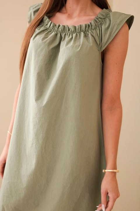 Sukienka damska bawełniana z marszczonym dekoltem i falbanką khaki