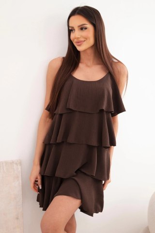 Sukienka damska na ramiączkach z falbanami mini brązowa