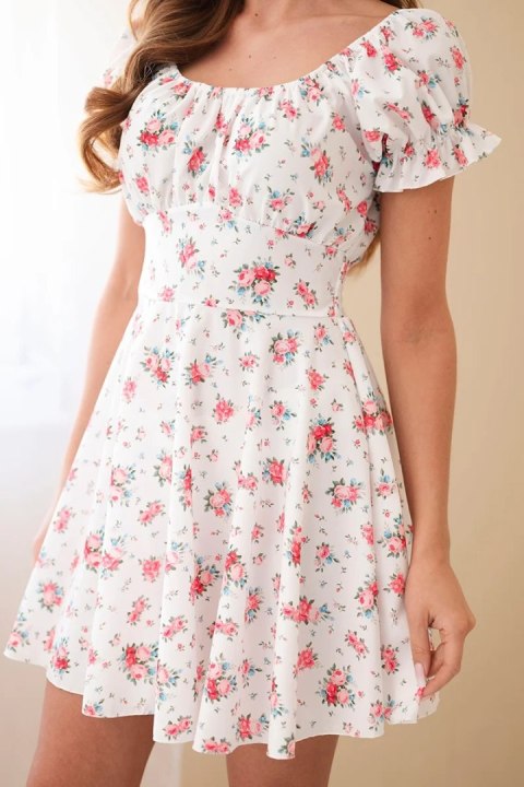 Sukienka damska w kwiaty z bufiastym rękawem i elastyczną talią biała