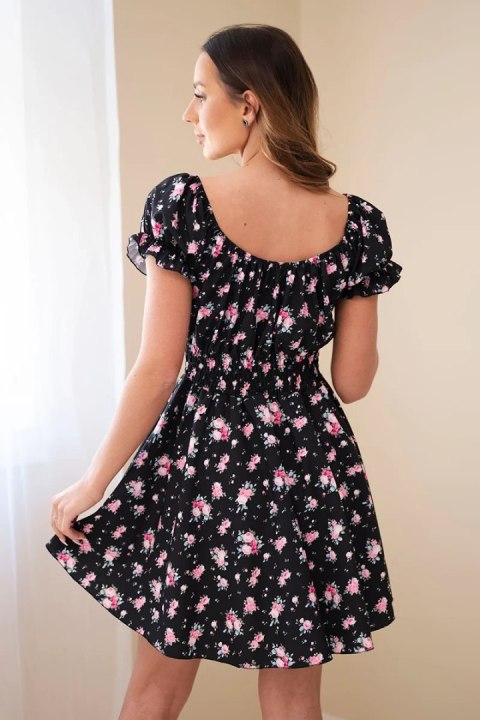 Sukienka damska w kwiaty z bufiastym rękawem i elastyczną talią czarna
