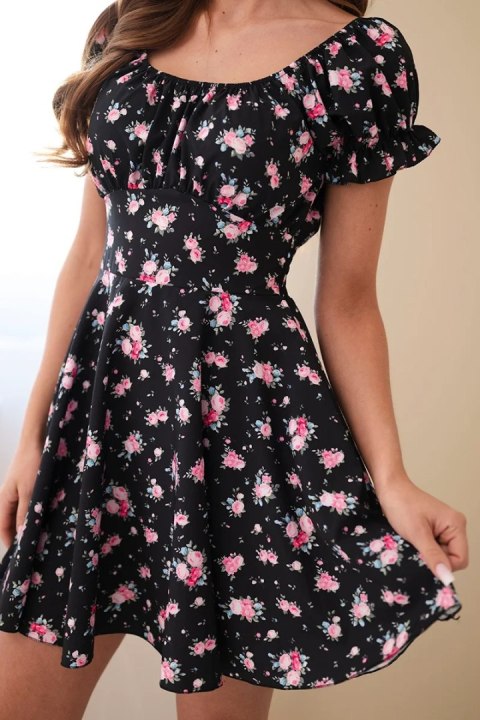 Sukienka damska w kwiaty z bufiastym rękawem i elastyczną talią czarna