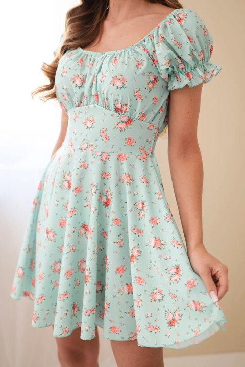 Sukienka damska w kwiaty z bufiastym rękawem i elastyczną talią miętowa