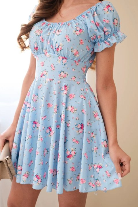 Sukienka damska w kwiaty z bufiastym rękawem i elastyczną talią niebieska