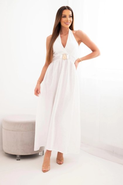 Sukienka damska wiskozowa maxi wiązana na szyi z ozdobną klamrą ecru