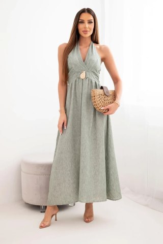 Sukienka damska wiskozowa maxi wiązana na szyi z ozdobną klamrą khaki