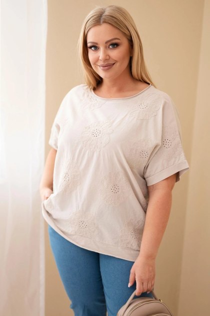 Bluzka damska bawełniana Plus Size z haftowanymi kwiatami beżowa