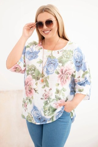 Bluzka damska bawełniana Plus Size z krótkim rękawem i kwiatowym wzorem biała