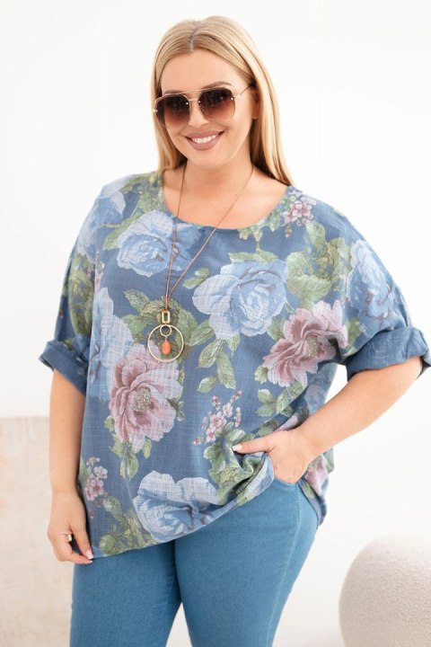 Jeansowa bluzka bawełniana Plus Size z krótkim rękawem i kwiatowym wzorem