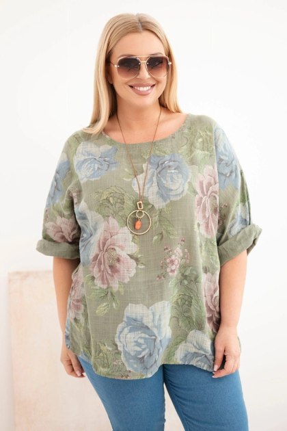 Bluzka damska bawełniana Plus Size z krótkim rękawem i kwiatowym wzorem khaki