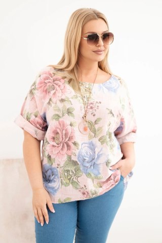 Bluzka damska bawełniana Plus Size z krótkim rękawem i kwiatowym wzorem pudrowy róż