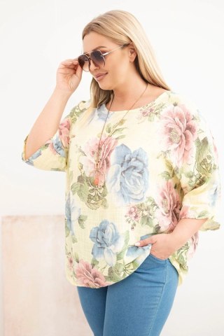 Bluzka damska bawełniana Plus Size z krótkim rękawem i kwiatowym wzorem żółta