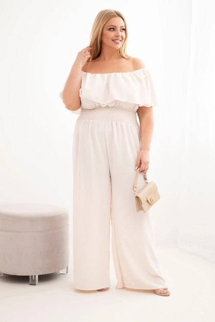 Kombinezon damski wiskozowy Plus Size hiszpanka z falbaną i szeroką nogawką beżowy