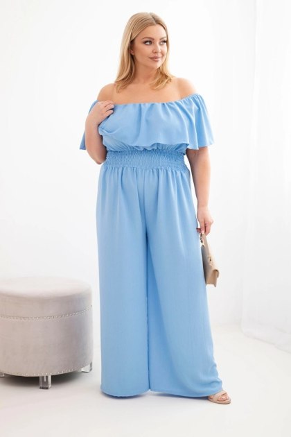 Kombinezon damski wiskozowy Plus Size hiszpanka z falbaną i szeroką nogawką niebieski