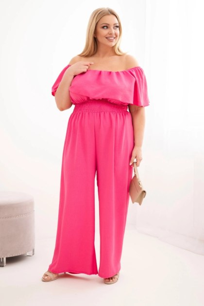 Kombinezon damski wiskozowy Plus Size hiszpanka z falbaną i szeroką nogawką różowy