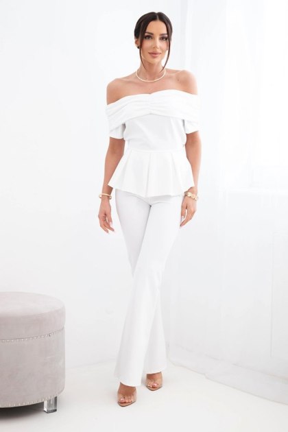 Komplet damska hiszpanka z falbaną i szerokimi spodniami biały