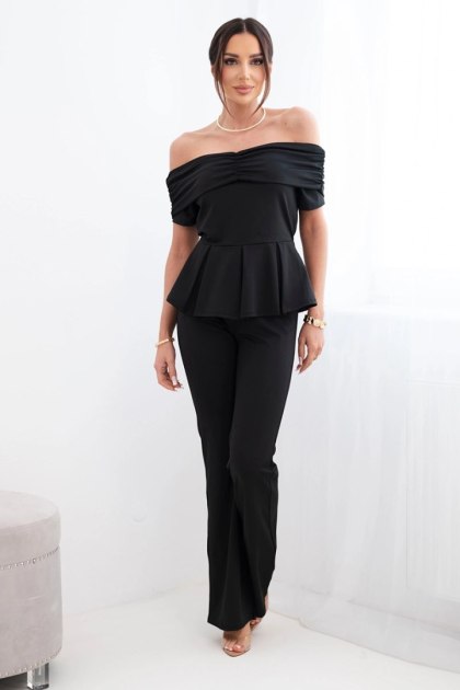 Komplet damska hiszpanka z falbaną i szerokimi spodniami czarny