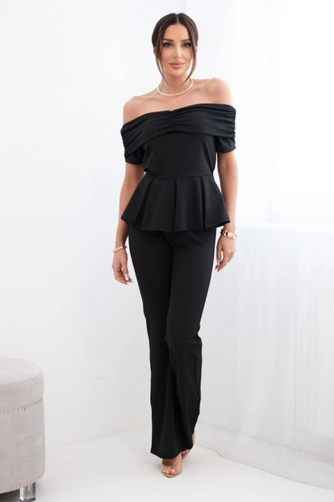 Czarny komplet damski hiszpanka z falbaną i szerokimi spodniami