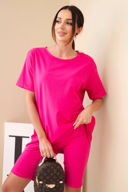 Komplet damski bawełniany z krótkim rękawem i dopasowanymi spodenkami fuksja