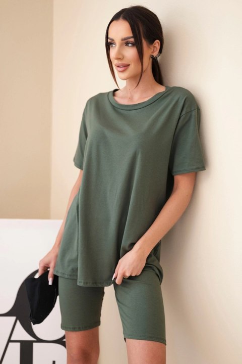 Komplet damski bawełniany z krótkim rękawem i dopasowanymi spodenkami khaki