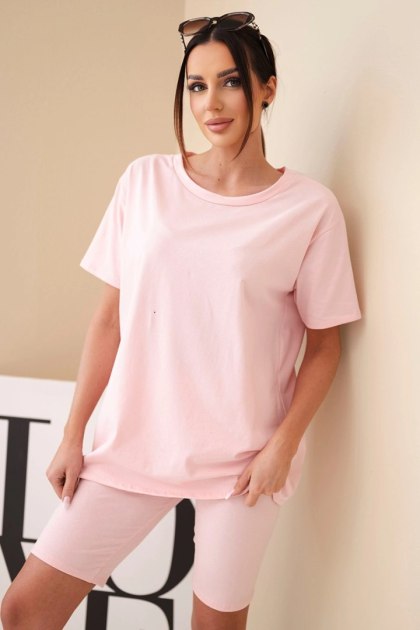 Komplet damski bawełniany z krótkim rękawem i dopasowanymi spodenkami pudrowy róż