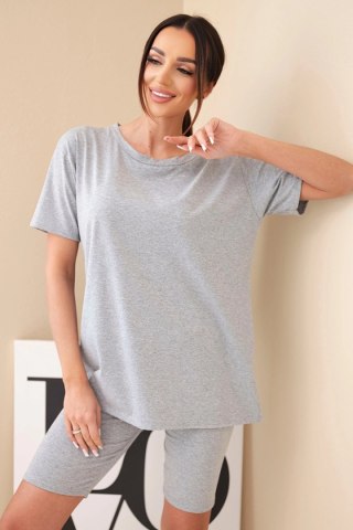 Komplet damski bawełniany z krótkim rękawem i dopasowanymi spodenkami szary melanż