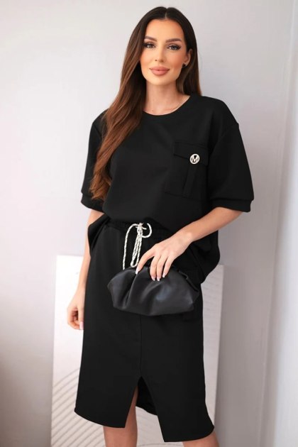 Komplet damski masełkowy z bluzką i spódnicą midi czarny