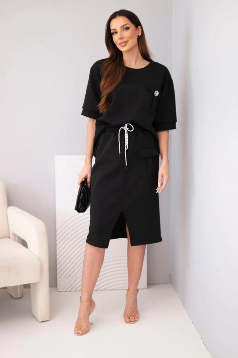 Komplet damski maślany z bluzką i spódnicą midi czarny