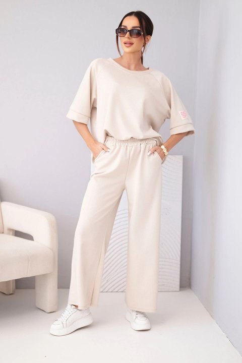 Komplet damski maślany z wiskozy bluza i szerokie spodnie ciemny beżowy