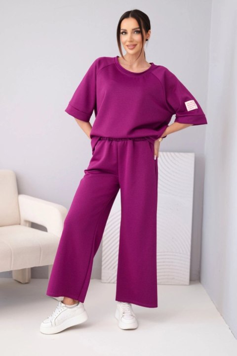 Śliwkowy komplet damski maślany z wiskozy – zestaw z bluzą i szerokimi spodniami