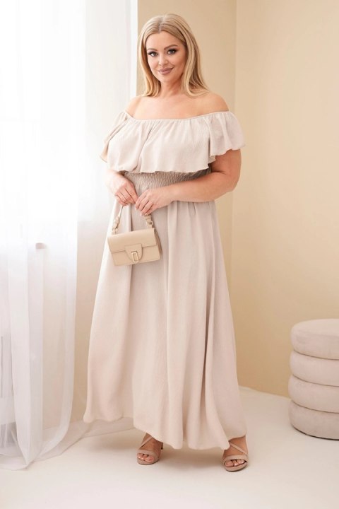 Beżowa sukienka damska Plus Size z falbaną i elastyczną talią