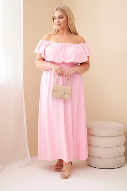 Sukienka damska Plus Size z falbaną i elastyczną talią cukierkowy róż