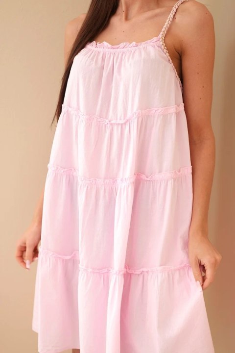 Sukienka damska bawełniana na ramiączkach z falbanami cukierkowy róż