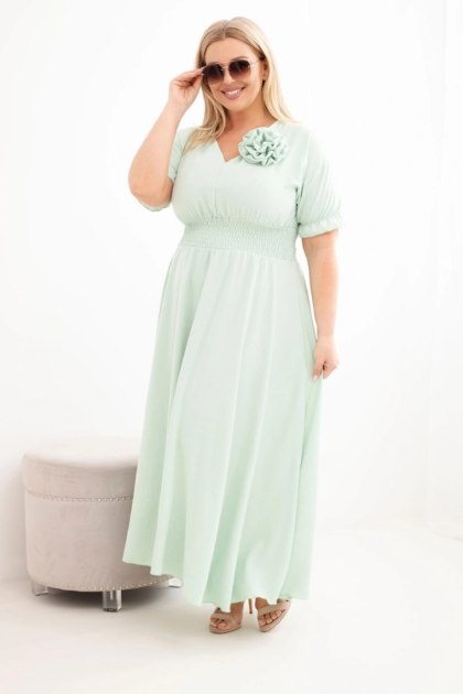 Sukienka damska wiskozowa Plus Size z dekoltem V i marszczoną talią miętowa