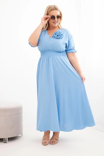 Sukienka damska wiskozowa Plus Size z dekoltem V i marszczoną talią niebieska