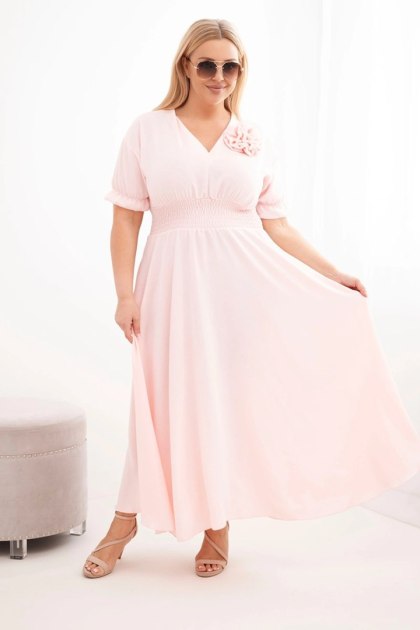 Sukienka damska wiskozowa Plus Size z dekoltem V i marszczoną talią pudrowy róż