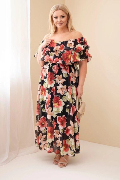 Sukienka damska wiskozowa Plus Size z falbaną hiszpanka i elastyczną talią maxi czarna