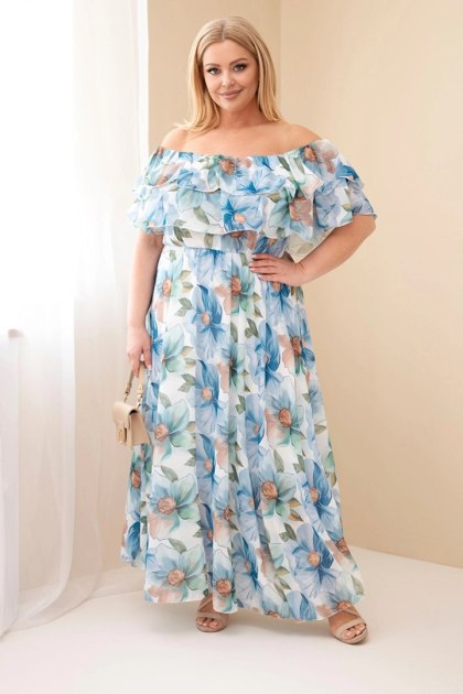 Sukienka damska wiskozowa Plus Size z falbaną hiszpanka i elastyczną talią maxi niebieska