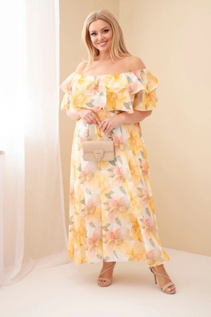 Sukienka damska wiskozowa Plus Size z falbaną hiszpanka i elastyczną talią maxi żółta