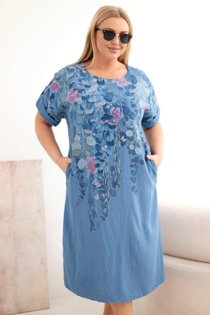 Sukienka damska wiskozowa Plus Size z krótkim rękawem i rozcięciami po bokach jeansowa