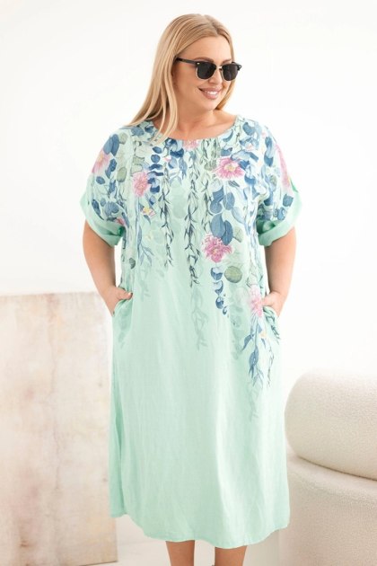Sukienka damska wiskozowa Plus Size z krótkim rękawem i rozcięciami po bokach miętowa
