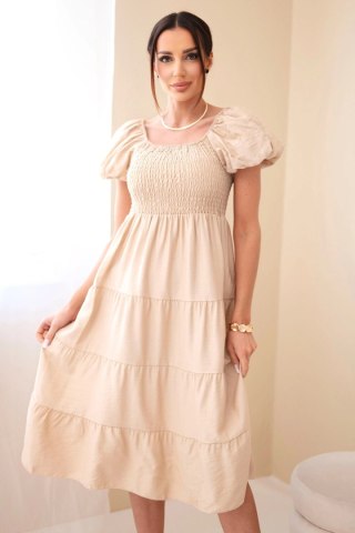 Sukienka damska wiskozowa z bufiastym rękawem i marszczoną górą ciemno beżowa