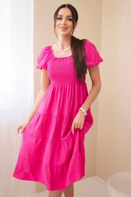 Sukienka damska wiskozowa z bufiastym rękawem i marszczoną górą fuksja