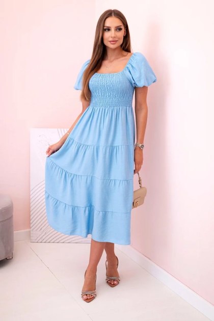 Sukienka damska wiskozowa z bufiastym rękawem i marszczoną górą niebieska