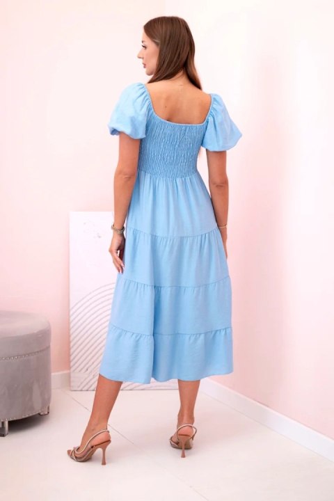 Sukienka damska wiskozowa z bufiastym rękawem i marszczoną górą niebieska