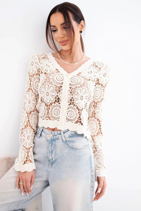 Sweter damski ażurowy letni z guzikami i długim rękawem beżowy