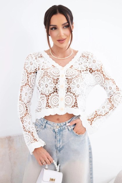 Sweter damski ażurowy letni z guzikami i długim rękawem biały