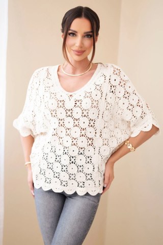 Sweter damski oversize bawełniany ażurowy z krótkim rękawem beżowy